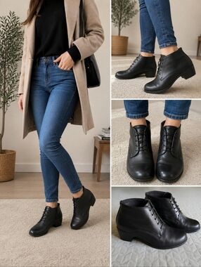 Clarks Black Leather Ankle Boots Size 10 Comfort Low Heel